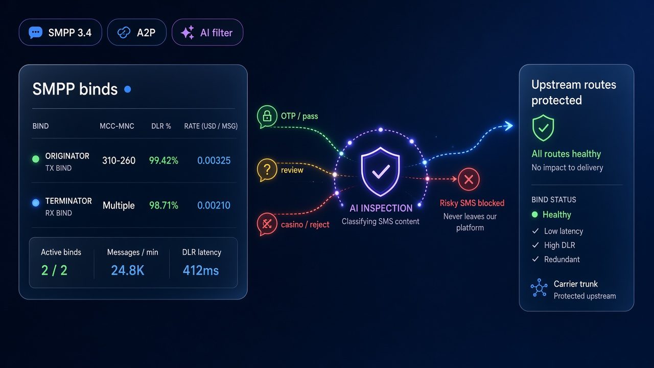 Wholesale SMS Platform: SMPP, A2P Routing, Billing & AI Content Control