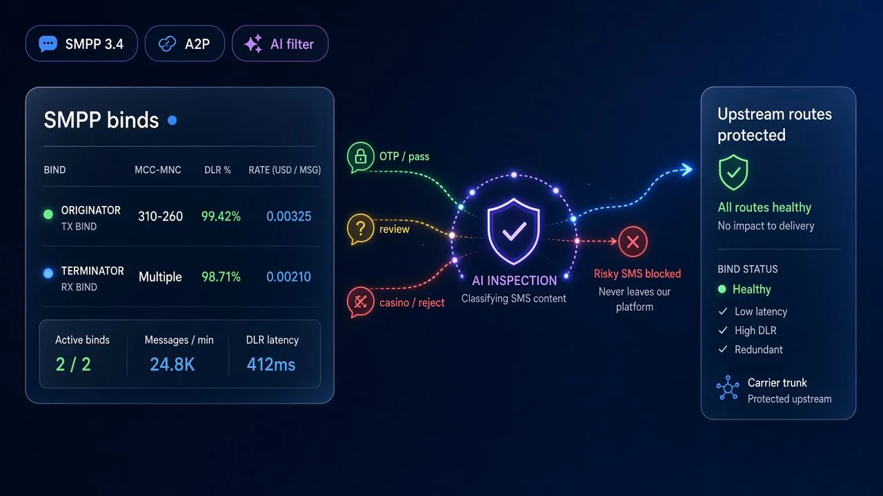Wholesale SMS Platform: SMPP, A2P Routing, Billing & AI Content Control